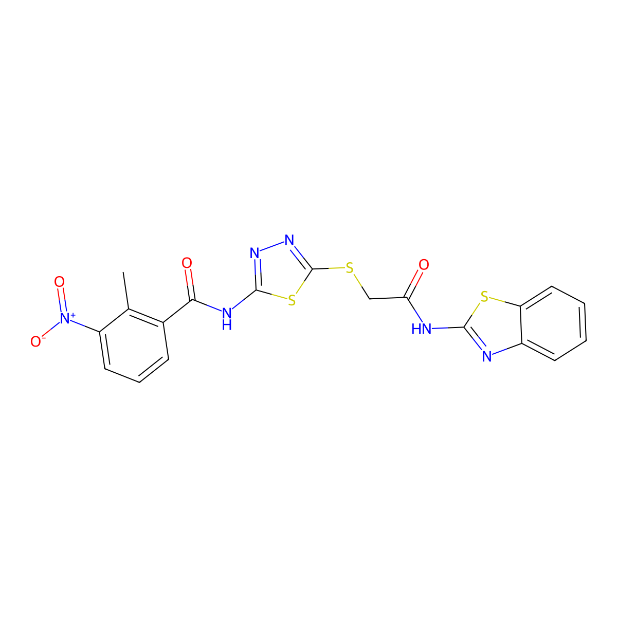 N-(5-((2-(benzo[d]thiazol-2-ylamino)-2-oxoethyl)thio)-1,3,4-thiadiazol-2-yl)-2-methyl-3-nitrobenzamide molecular structure, CAS 391868-65-8
