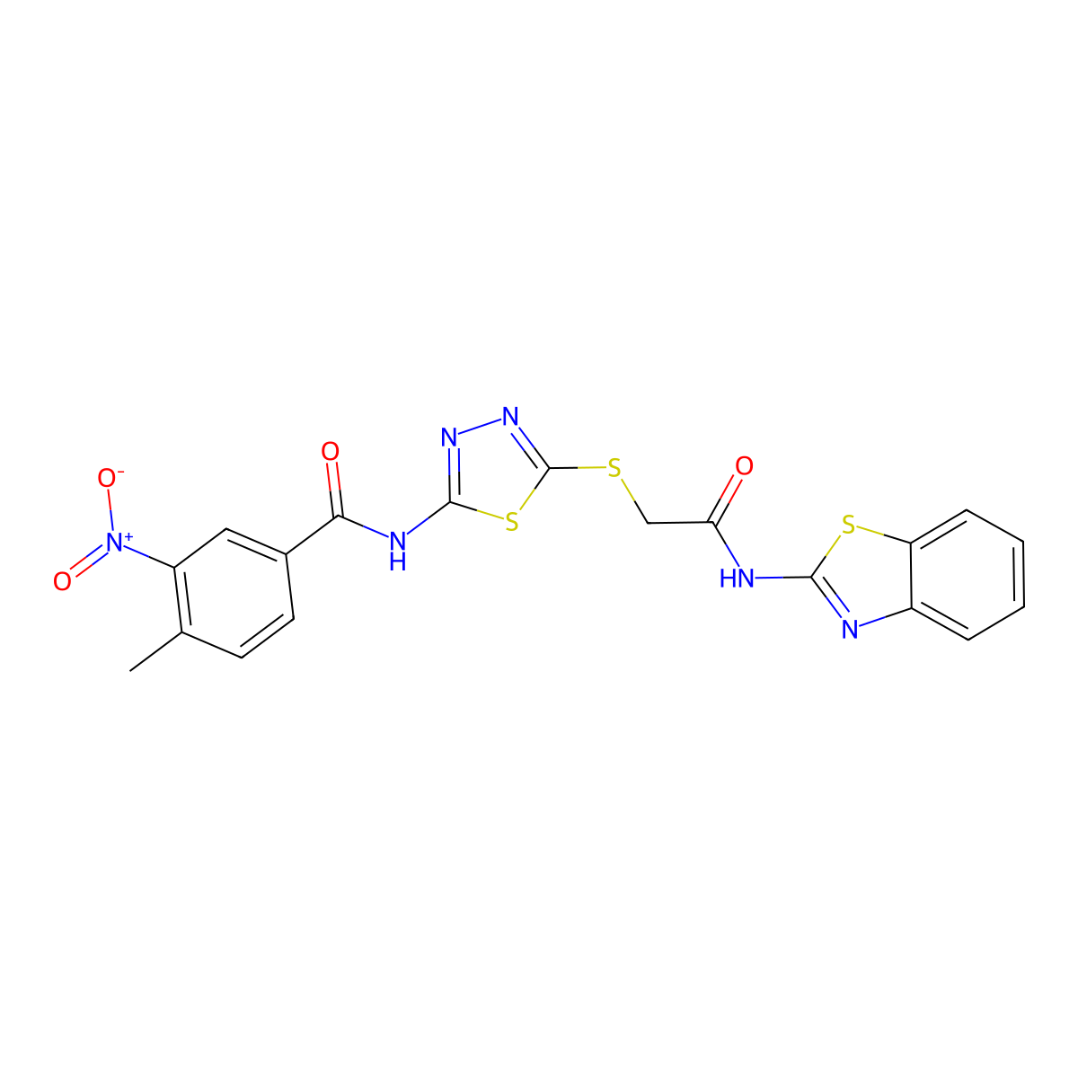 N-(5-((2-(benzo[d]thiazol-2-ylamino)-2-oxoethyl)thio)-1,3,4-thiadiazol-2-yl)-4-methyl-3-nitrobenzamide molecular structure, CAS 391868-66-9