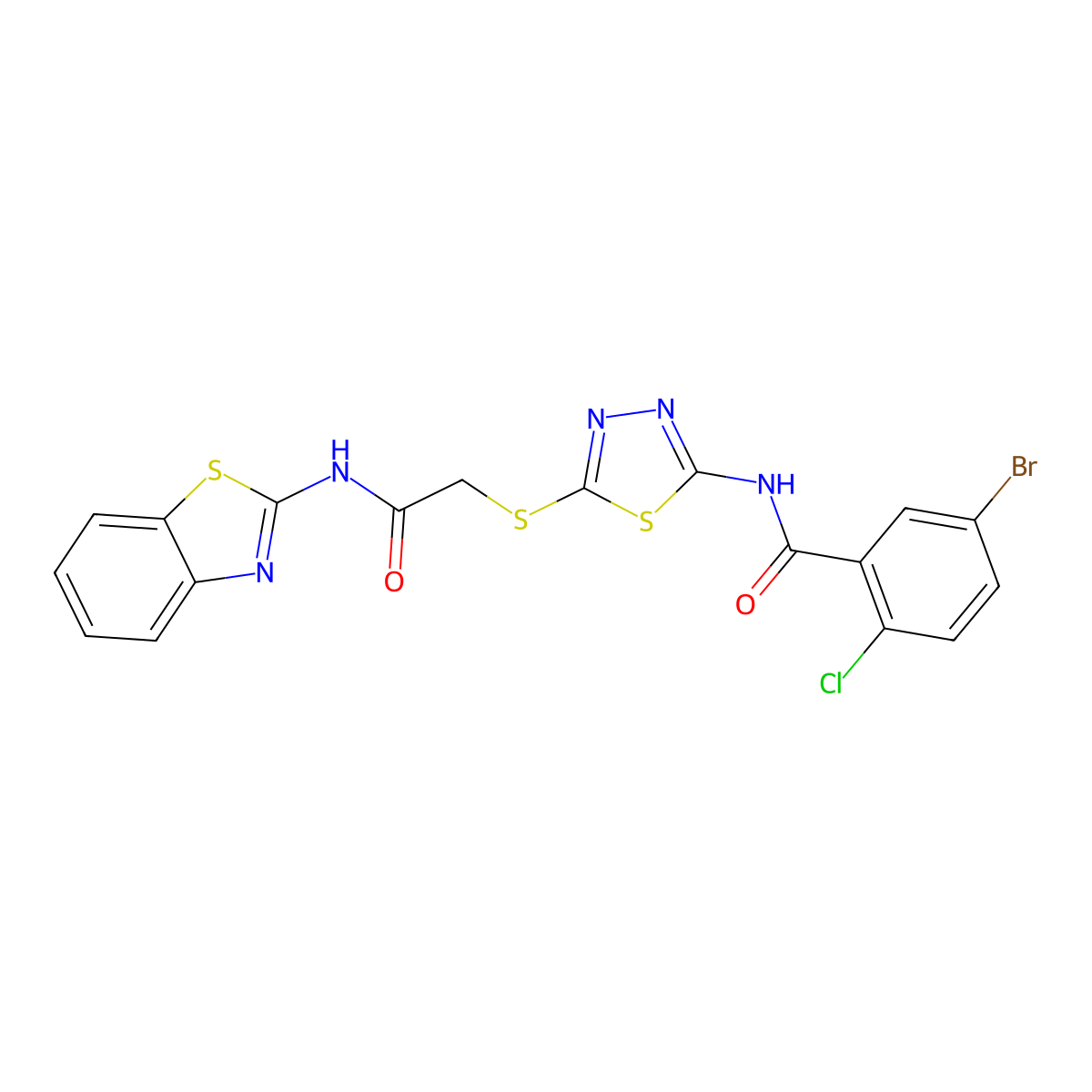 N-(5-((2-(benzo[d]thiazol-2-ylamino)-2-oxoethyl)thio)-1,3,4-thiadiazol-2-yl)-5-bromo-2-chlorobenzamide molecular structure, CAS 391868-67-0