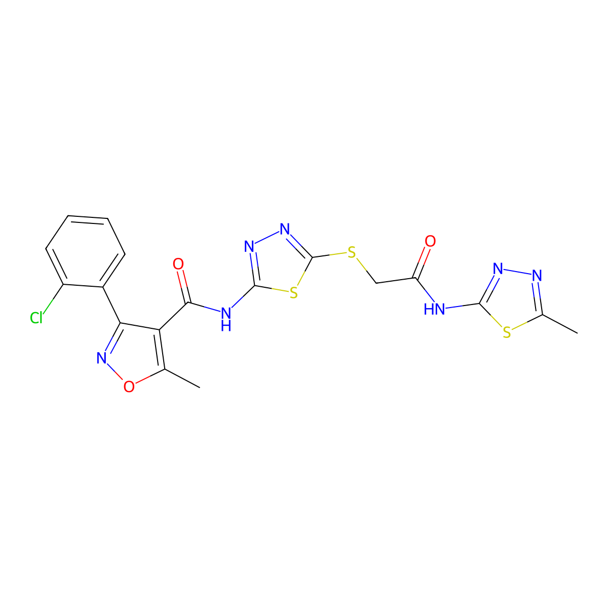 3-(2-chlorophenyl)-5-methyl-N-(5-((2-((5-methyl-1,3,4-thiadiazol-2-yl)amino)-2-oxoethyl)thio)-1,3,4-thiadiazol-2-yl)isoxazole-4-carboxamide molecular structure, CAS 391868-71-6