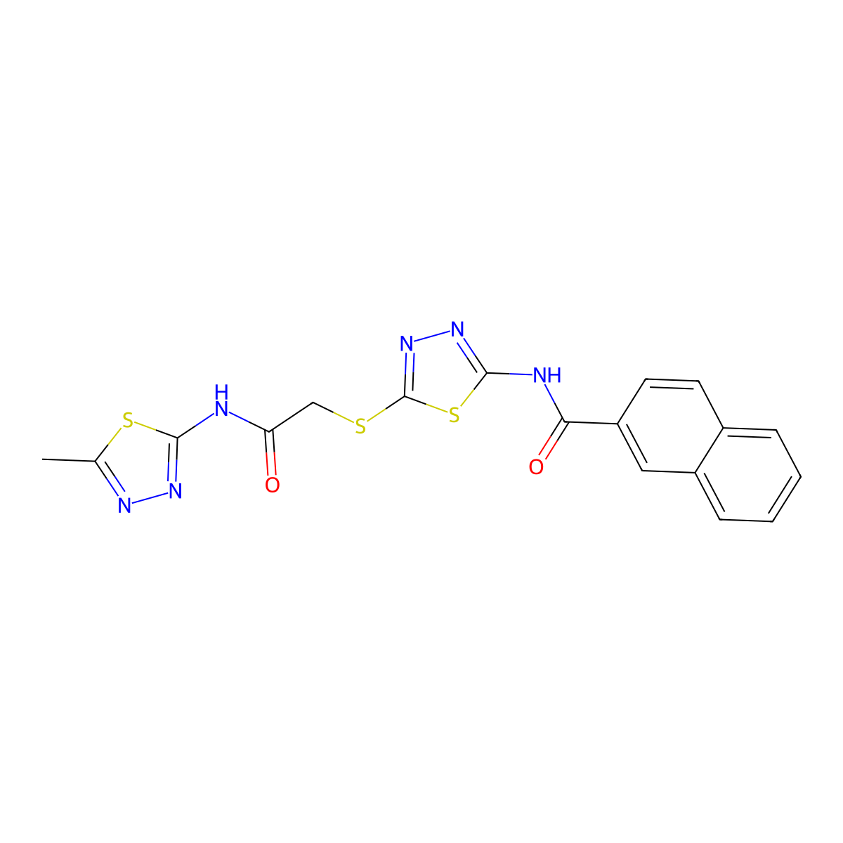 N-[5-[2-[(5-methyl-1,3,4-thiadiazol-2-yl)amino]-2-oxoethyl]sulfanyl-1,3,4-thiadiazol-2-yl]naphthalene-2-carboxamide molecular structure, CAS 391868-72-7