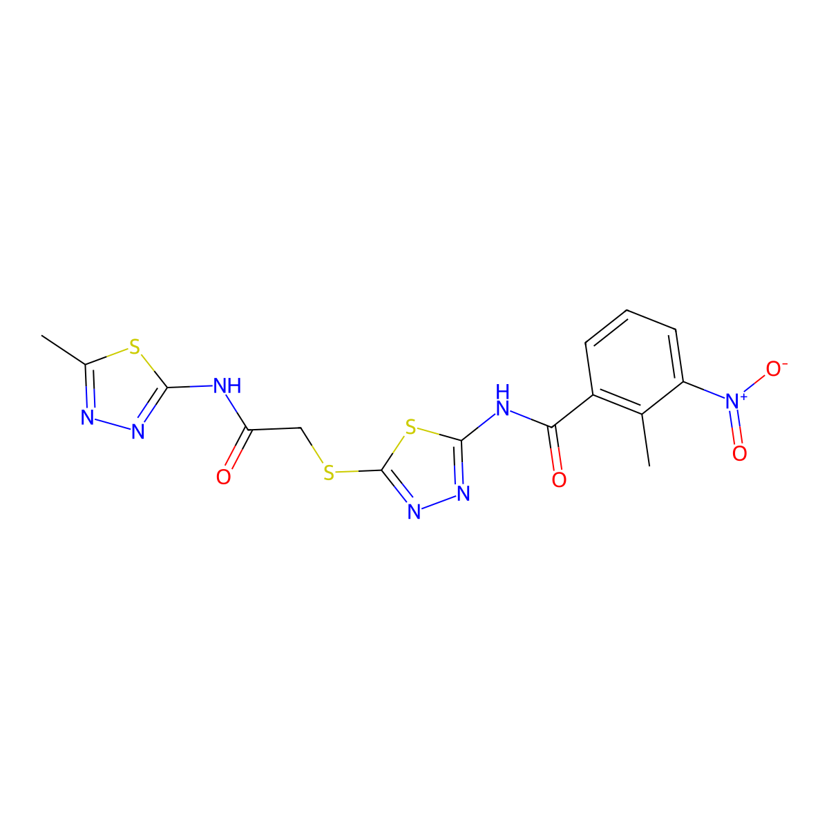 2-methyl-N-[5-[2-[(5-methyl-1,3,4-thiadiazol-2-yl)amino]-2-oxoethyl]sulfanyl-1,3,4-thiadiazol-2-yl]-3-nitrobenzamide molecular structure, CAS 391868-73-8