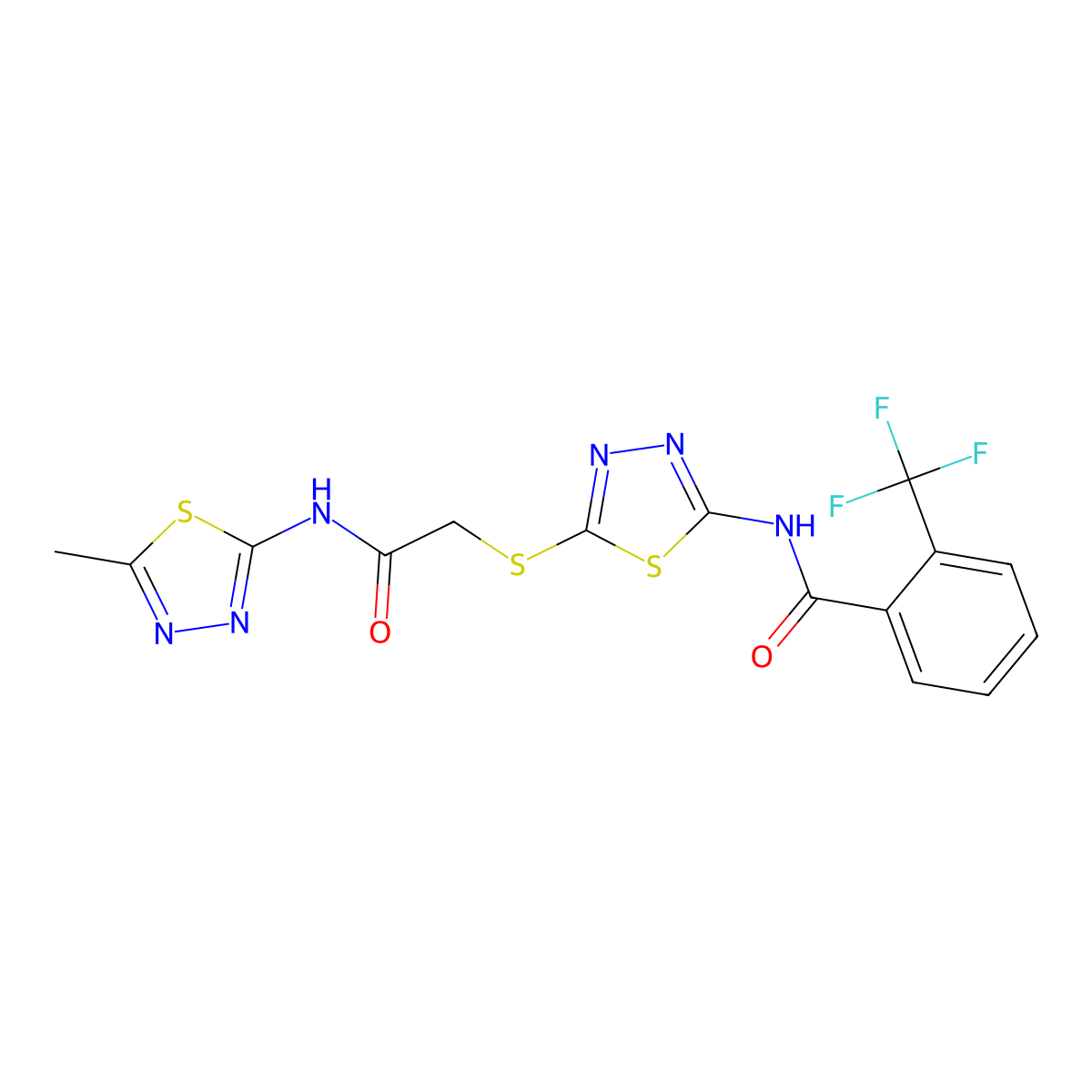 N-(5-((2-((5-methyl-1,3,4-thiadiazol-2-yl)amino)-2-oxoethyl)thio)-1,3,4-thiadiazol-2-yl)-2-(trifluoromethyl)benzamide molecular structure, CAS 391868-75-0