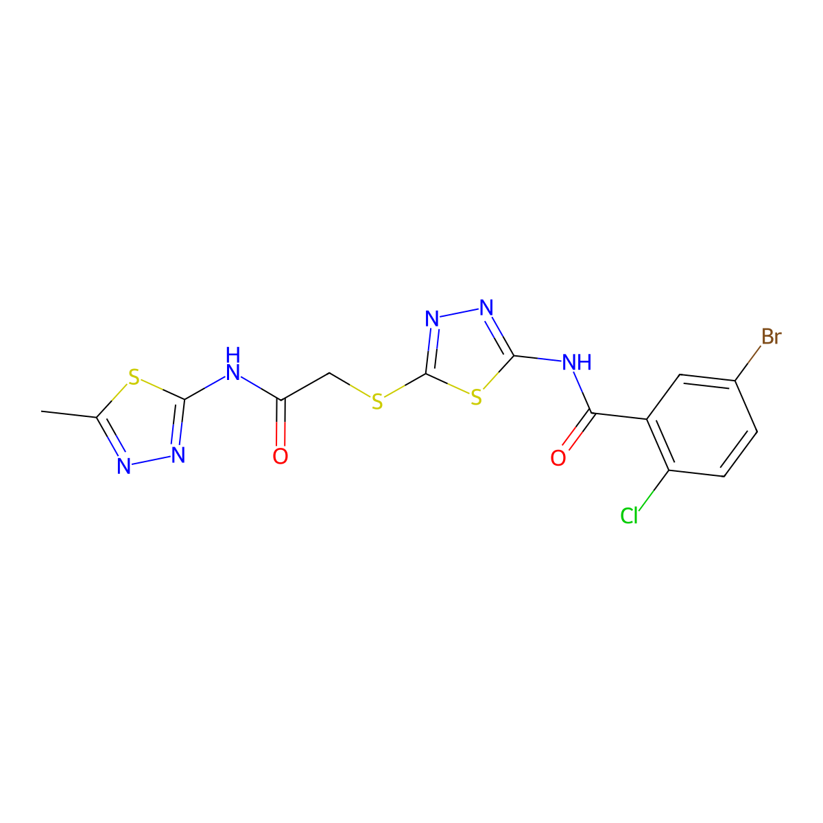 5-bromo-2-chloro-N-(5-((2-((5-methyl-1,3,4-thiadiazol-2-yl)amino)-2-oxoethyl)thio)-1,3,4-thiadiazol-2-yl)benzamide molecular structure, CAS 391868-76-1