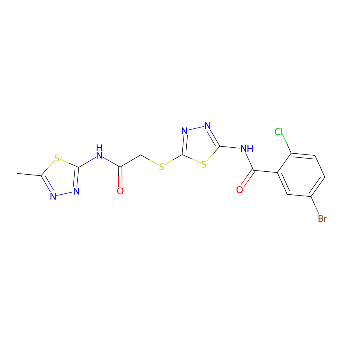 5-bromo-2-chloro-N-(5-((2-((5-methyl-1,3,4-thiadiazol-2-yl)amino)-2-oxoethyl)thio)-1,3,4-thiadiazol-2-yl)benzamide molecular structure, CAS 391868-76-1