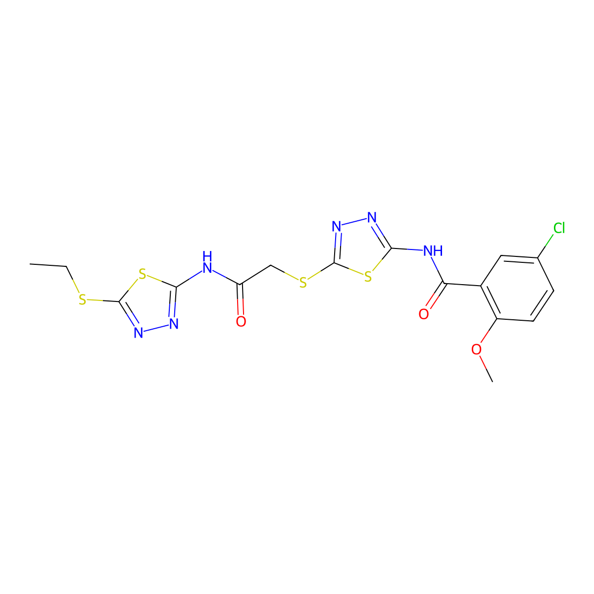 5-chloro-N-[5-[2-[(5-ethylsulfanyl-1,3,4-thiadiazol-2-yl)amino]-2-oxoethyl]sulfanyl-1,3,4-thiadiazol-2-yl]-2-methoxybenzamide molecular structure, CAS 391868-79-4