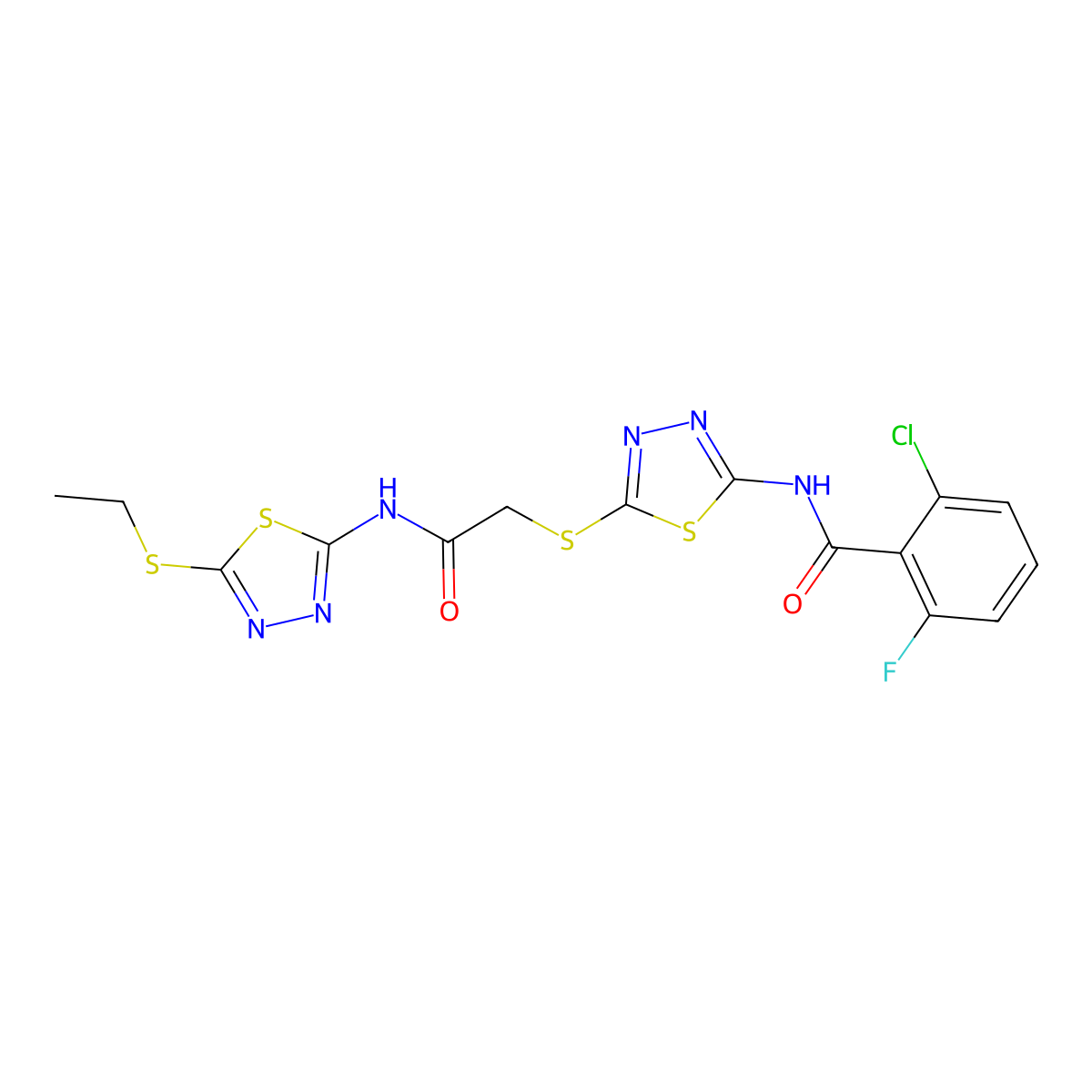 2-chloro-N-[5-[2-[(5-ethylsulfanyl-1,3,4-thiadiazol-2-yl)amino]-2-oxoethyl]sulfanyl-1,3,4-thiadiazol-2-yl]-6-fluorobenzamide molecular structure, CAS 391868-80-7