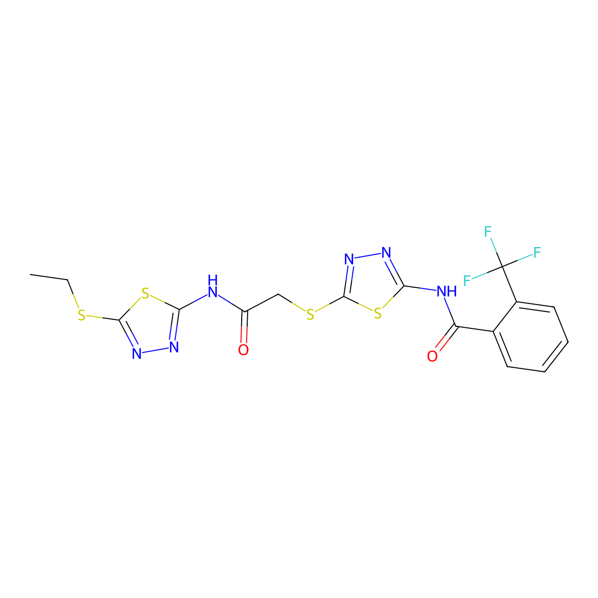 N-[5-[2-[(5-ethylsulfanyl-1,3,4-thiadiazol-2-yl)amino]-2-oxoethyl]sulfanyl-1,3,4-thiadiazol-2-yl]-2-(trifluoromethyl)benzamide molecular structure, CAS 391868-85-2