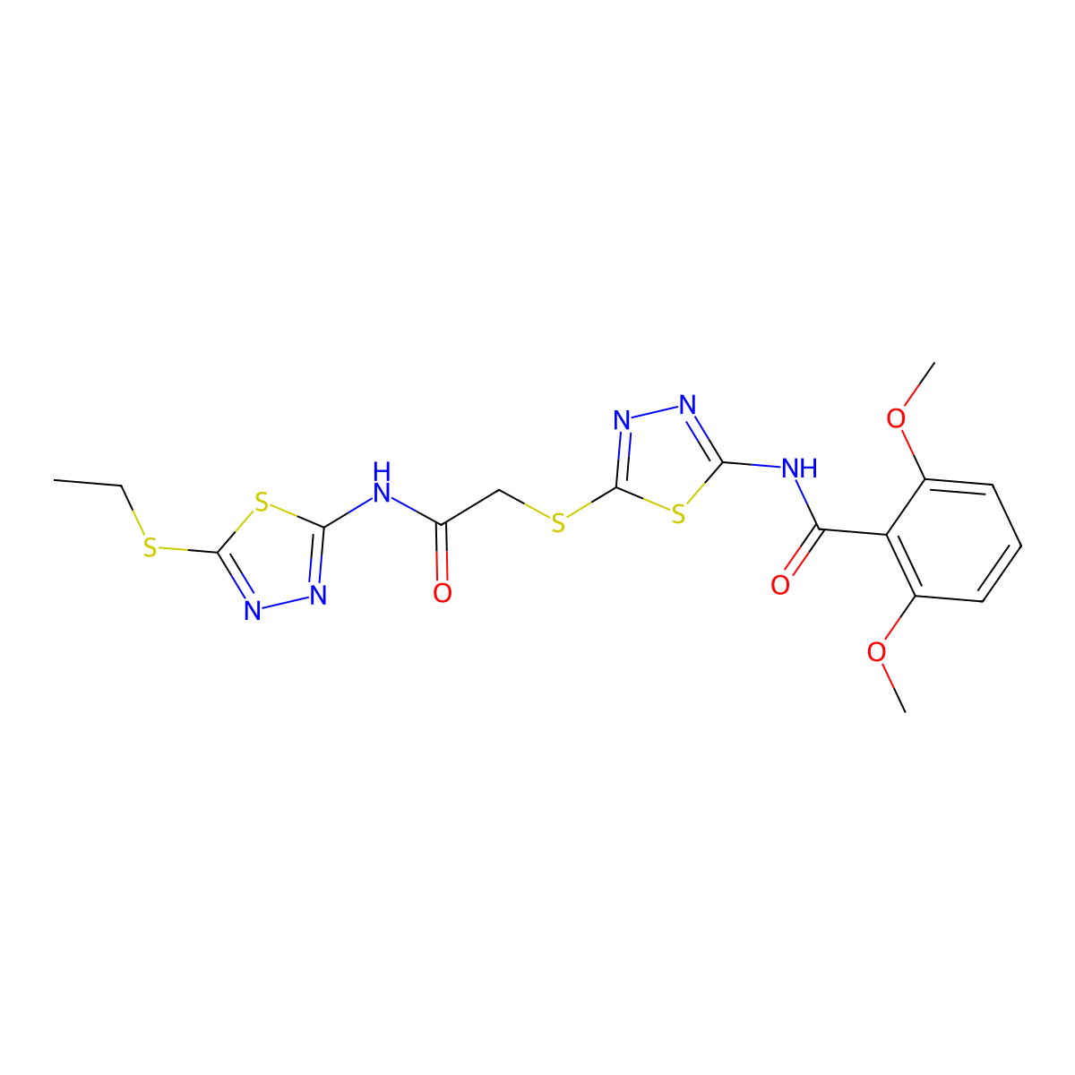 N-[5-[2-[(5-ethylsulfanyl-1,3,4-thiadiazol-2-yl)amino]-2-oxoethyl]sulfanyl-1,3,4-thiadiazol-2-yl]-2,6-dimethoxybenzamide molecular structure, CAS 391868-86-3