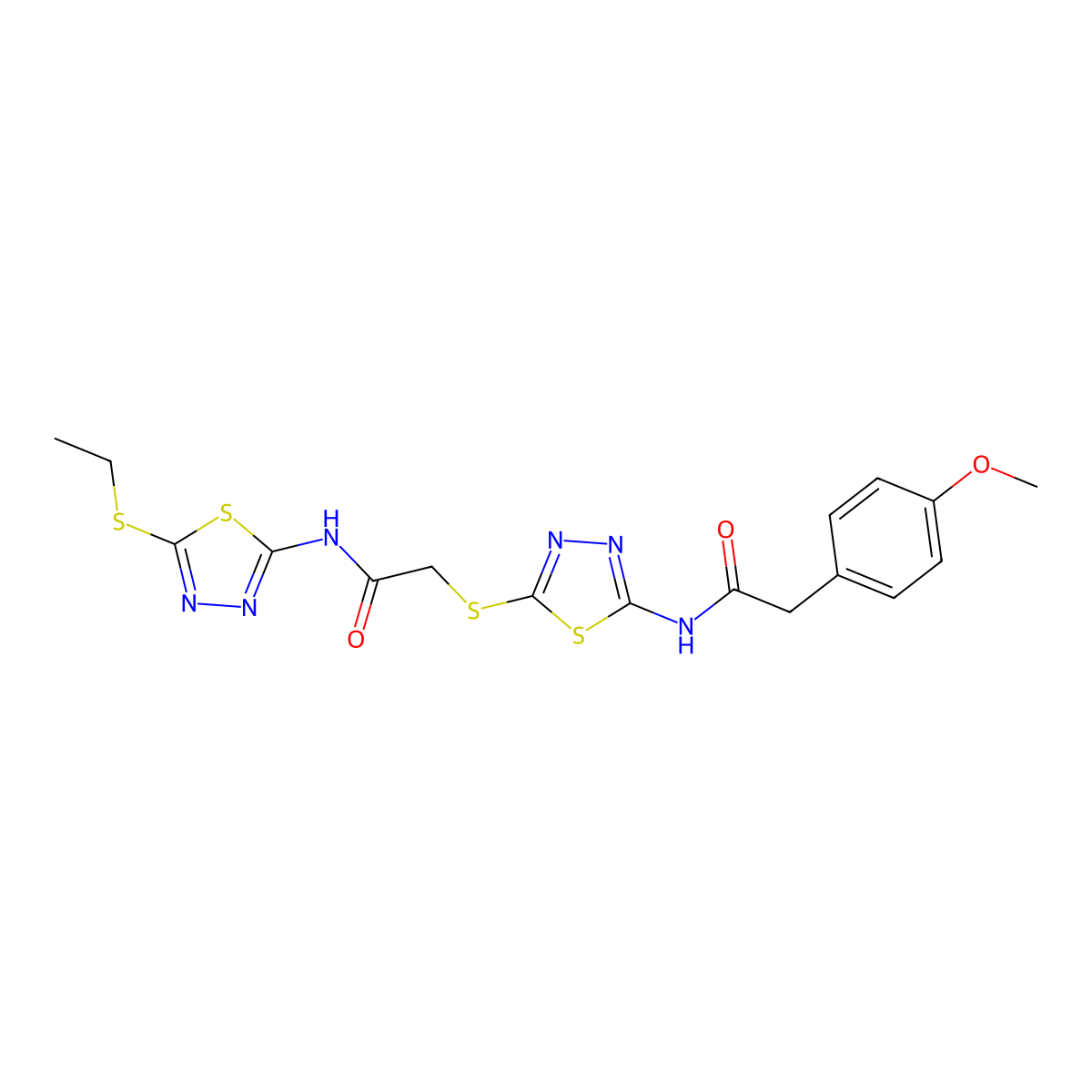 N-(5-(ethylthio)-1,3,4-thiadiazol-2-yl)-2-((5-(2-(4-methoxyphenyl)acetamido)-1,3,4-thiadiazol-2-yl)thio)acetamide molecular structure, CAS 391868-88-5