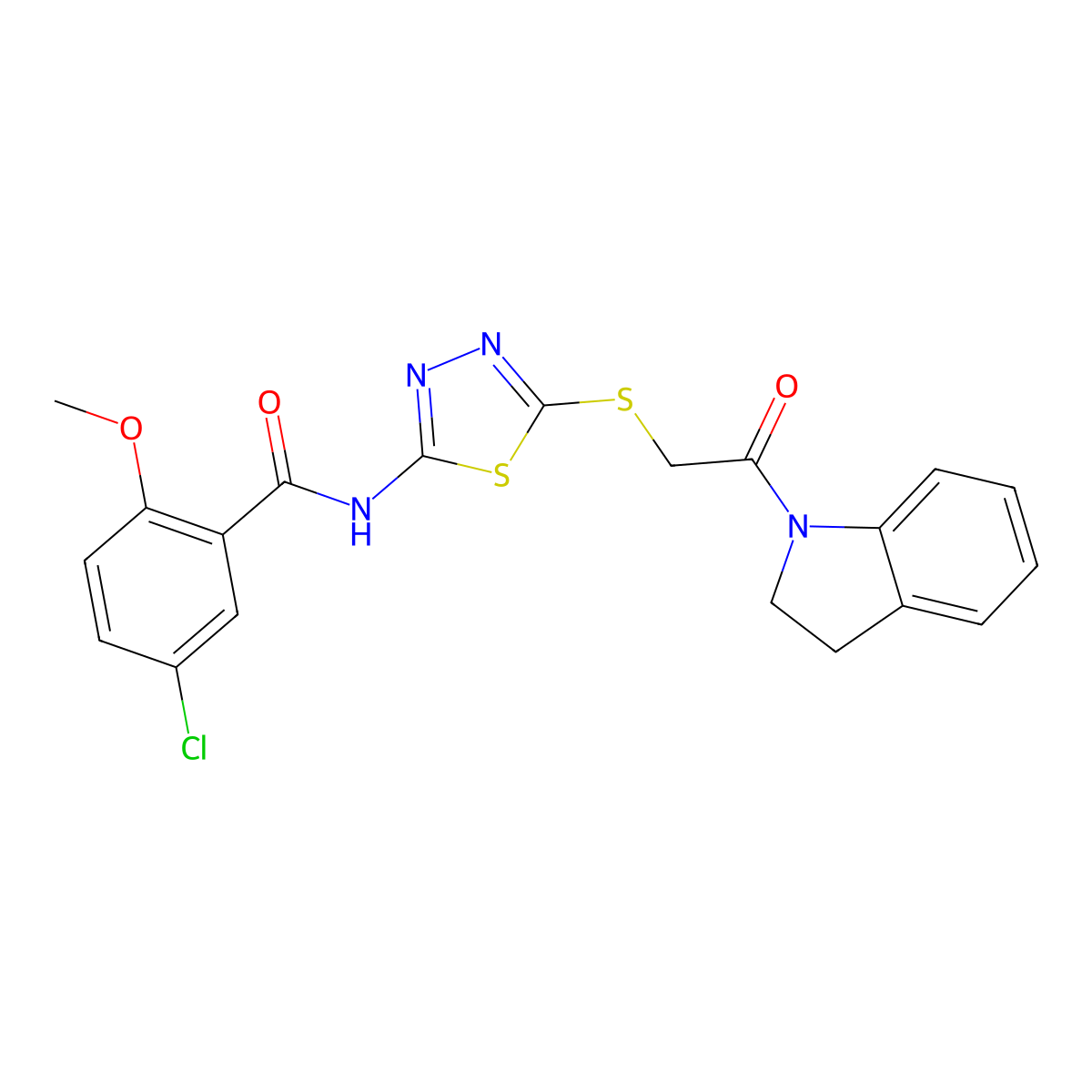 5-chloro-N-(5-((2-(indolin-1-yl)-2-oxoethyl)thio)-1,3,4-thiadiazol-2-yl)-2-methoxybenzamide molecular structure, CAS 391868-89-6