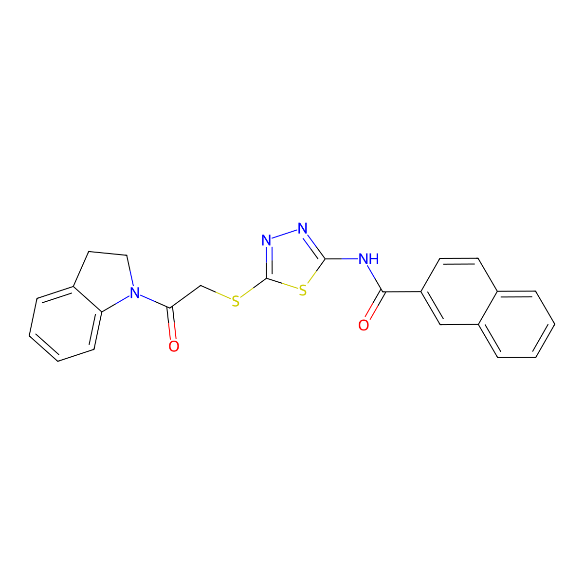 N-(5-((2-(indolin-1-yl)-2-oxoethyl)thio)-1,3,4-thiadiazol-2-yl)-2-naphthamide molecular structure, CAS 391868-91-0