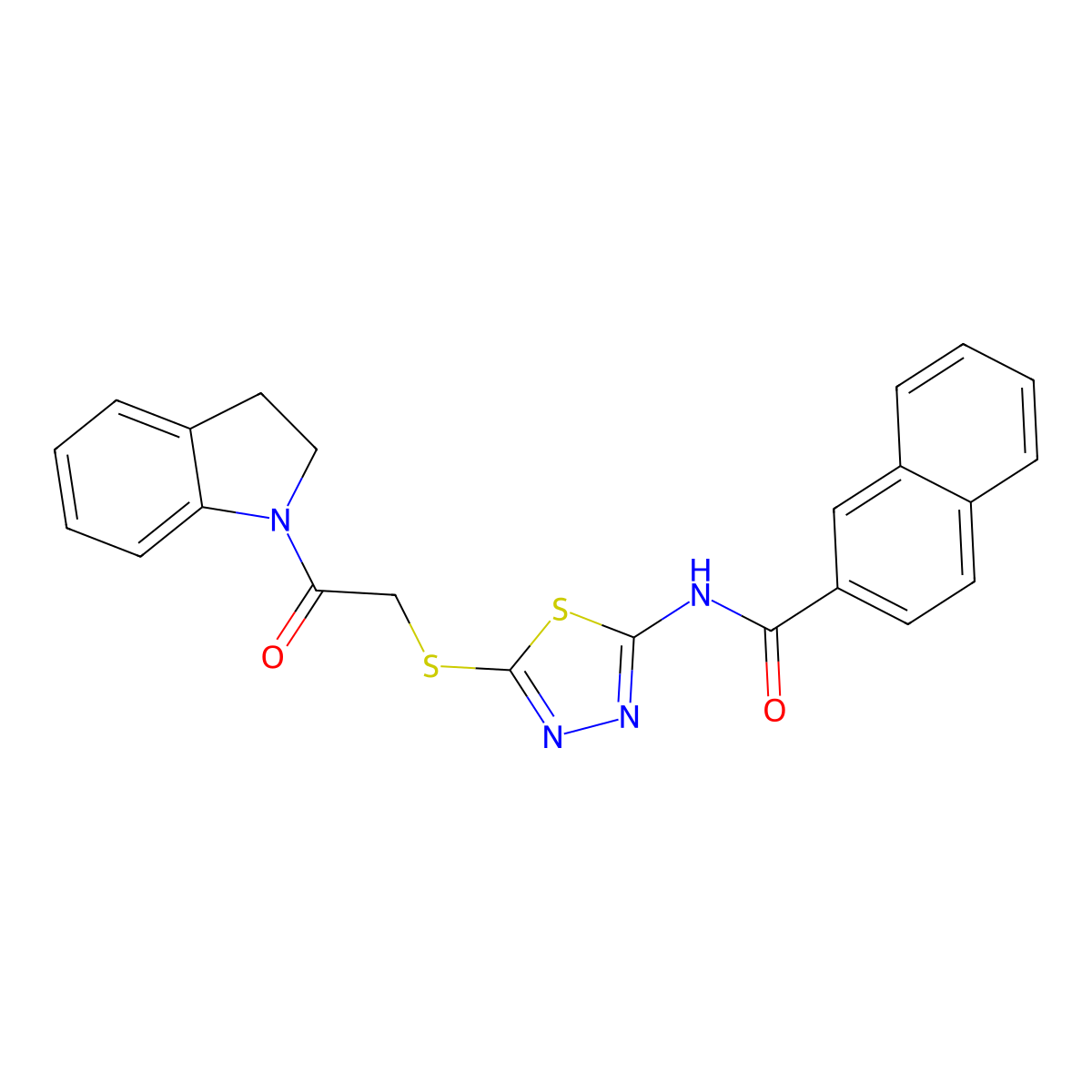 N-(5-((2-(indolin-1-yl)-2-oxoethyl)thio)-1,3,4-thiadiazol-2-yl)-2-naphthamide molecular structure, CAS 391868-91-0