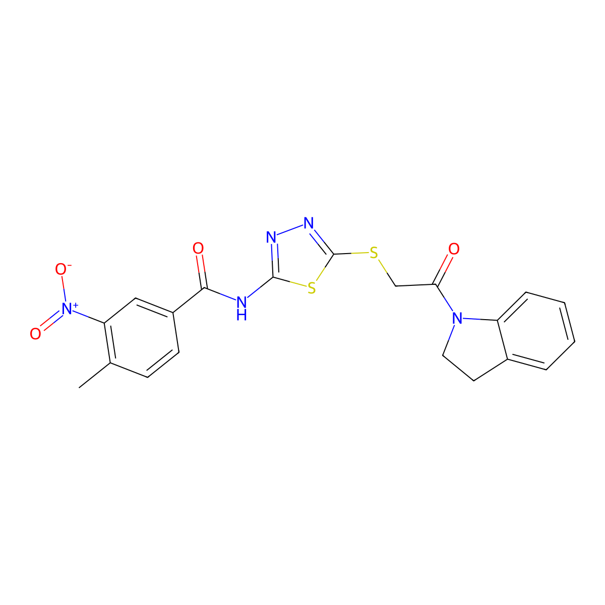 N-(5-((2-(indolin-1-yl)-2-oxoethyl)thio)-1,3,4-thiadiazol-2-yl)-4-methyl-3-nitrobenzamide molecular structure, CAS 391868-94-3