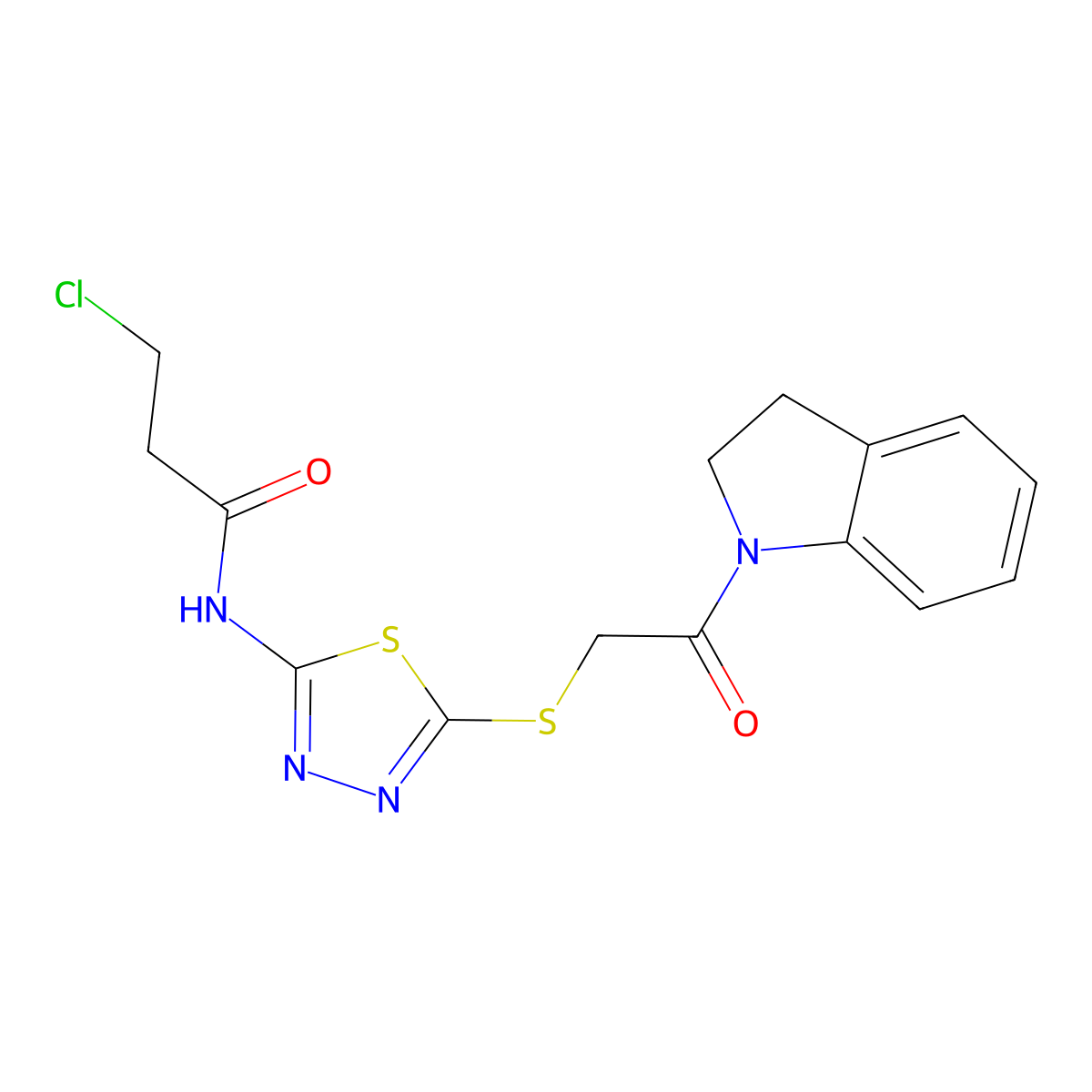 3-chloro-N-(5-((2-(indolin-1-yl)-2-oxoethyl)thio)-1,3,4-thiadiazol-2-yl)propanamide molecular structure, CAS 391868-97-6
