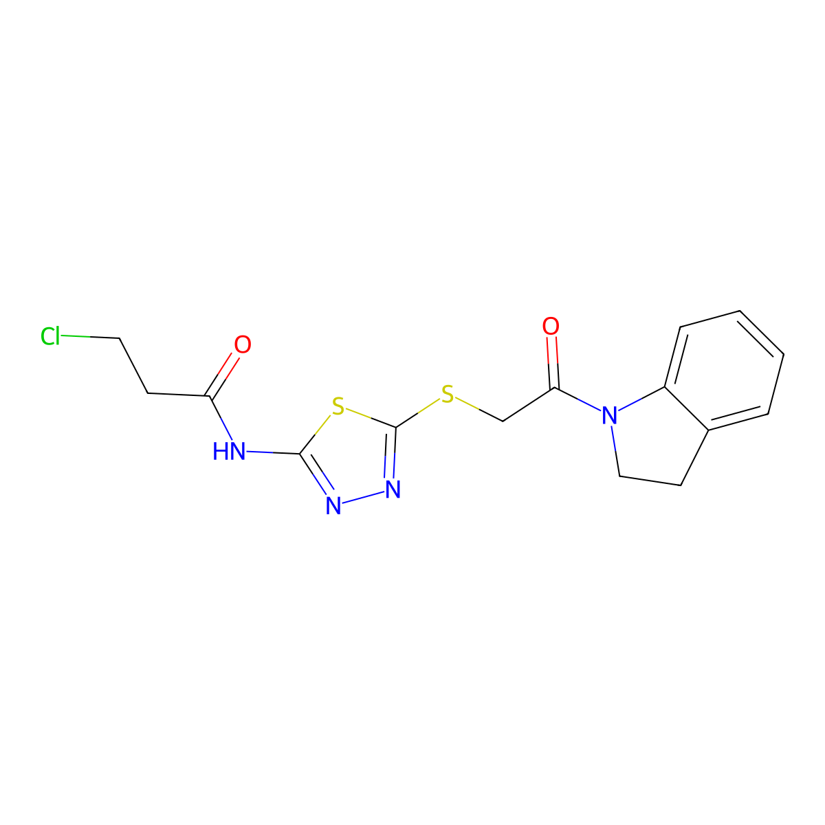 3-chloro-N-(5-((2-(indolin-1-yl)-2-oxoethyl)thio)-1,3,4-thiadiazol-2-yl)propanamide molecular structure, CAS 391868-97-6