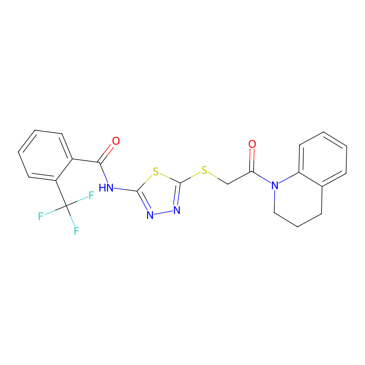 N-(5-((2-(3,4-dihydroquinolin-1(2H)-yl)-2-oxoethyl)thio)-1,3,4-thiadiazol-2-yl)-2-(trifluoromethyl)benzamide molecular structure, CAS 391869-01-5