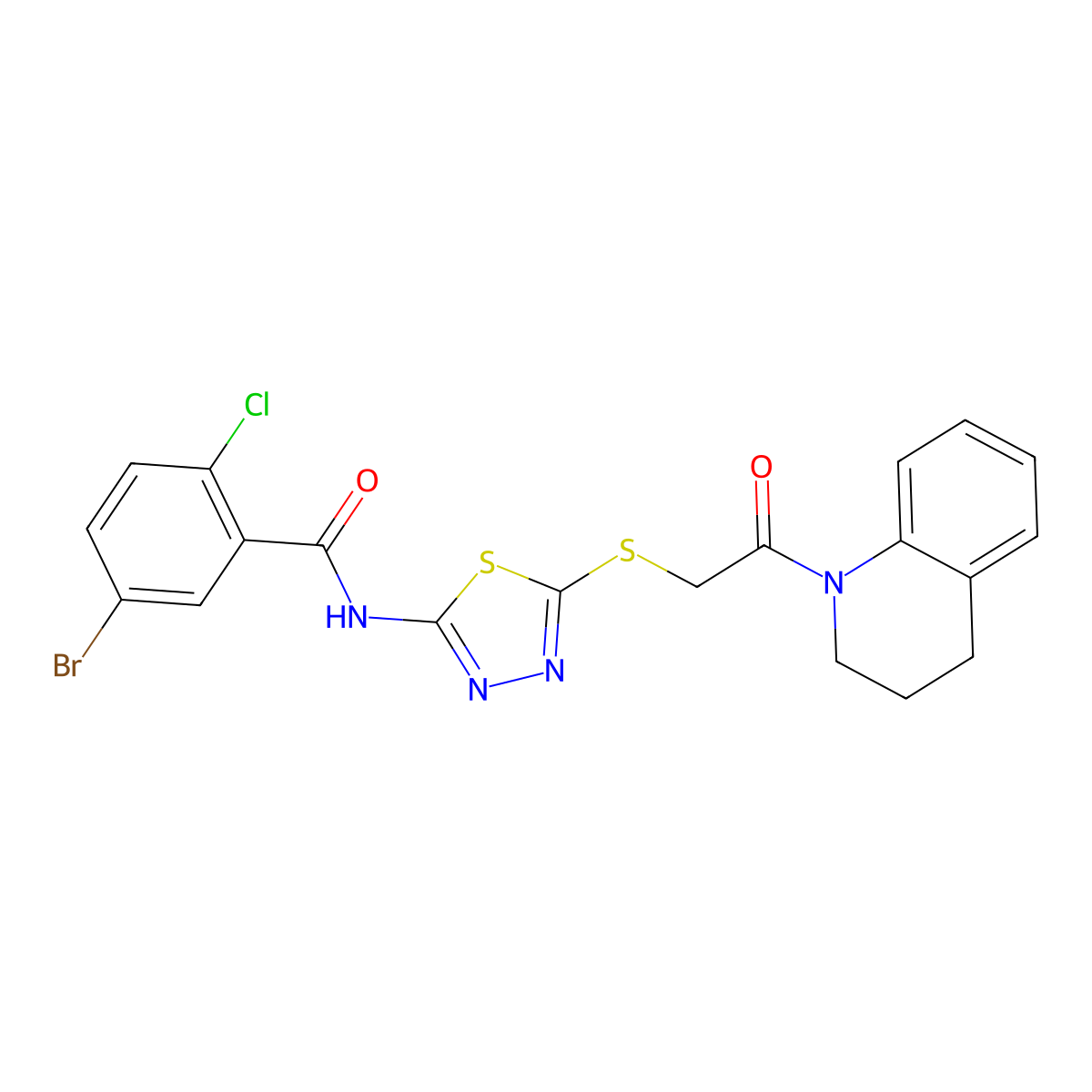 5-bromo-2-chloro-N-(5-((2-(3,4-dihydroquinolin-1(2H)-yl)-2-oxoethyl)thio)-1,3,4-thiadiazol-2-yl)benzamide molecular structure, CAS 391869-02-6