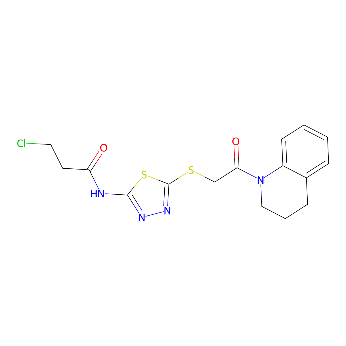 3-chloro-N-(5-((2-(3,4-dihydroquinolin-1(2H)-yl)-2-oxoethyl)thio)-1,3,4-thiadiazol-2-yl)propanamide molecular structure, CAS 391869-04-8