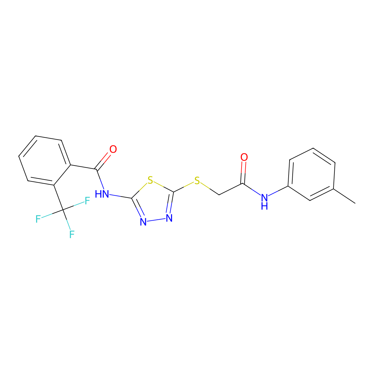 N-(5-((2-oxo-2-(m-tolylamino)ethyl)thio)-1,3,4-thiadiazol-2-yl)-2-(trifluoromethyl)benzamide molecular structure, CAS 391869-12-8