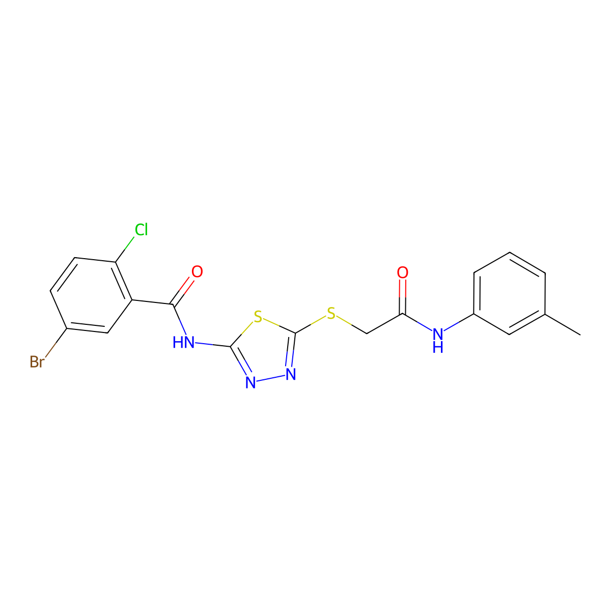 5-bromo-2-chloro-N-(5-((2-oxo-2-(m-tolylamino)ethyl)thio)-1,3,4-thiadiazol-2-yl)benzamide molecular structure, CAS 391869-13-9
