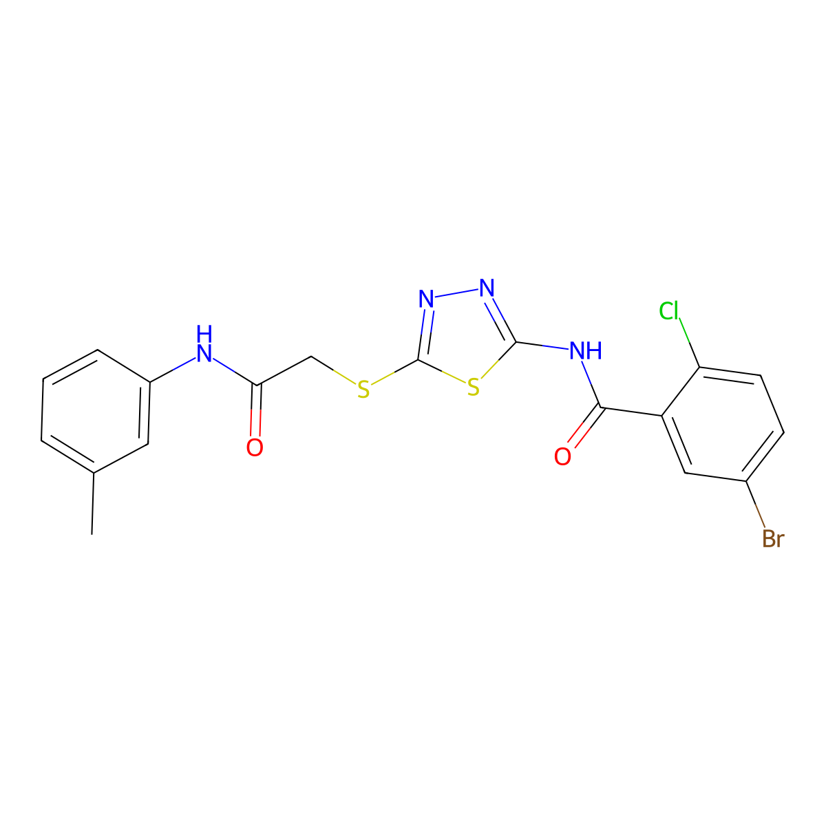 5-bromo-2-chloro-N-(5-((2-oxo-2-(m-tolylamino)ethyl)thio)-1,3,4-thiadiazol-2-yl)benzamide molecular structure, CAS 391869-13-9
