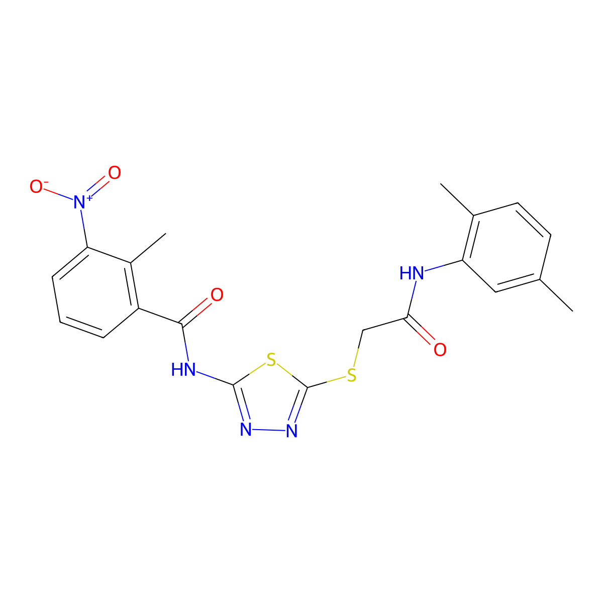 N-(5-((2-((2,5-dimethylphenyl)amino)-2-oxoethyl)thio)-1,3,4-thiadiazol-2-yl)-2-methyl-3-nitrobenzamide molecular structure, CAS 391869-19-5