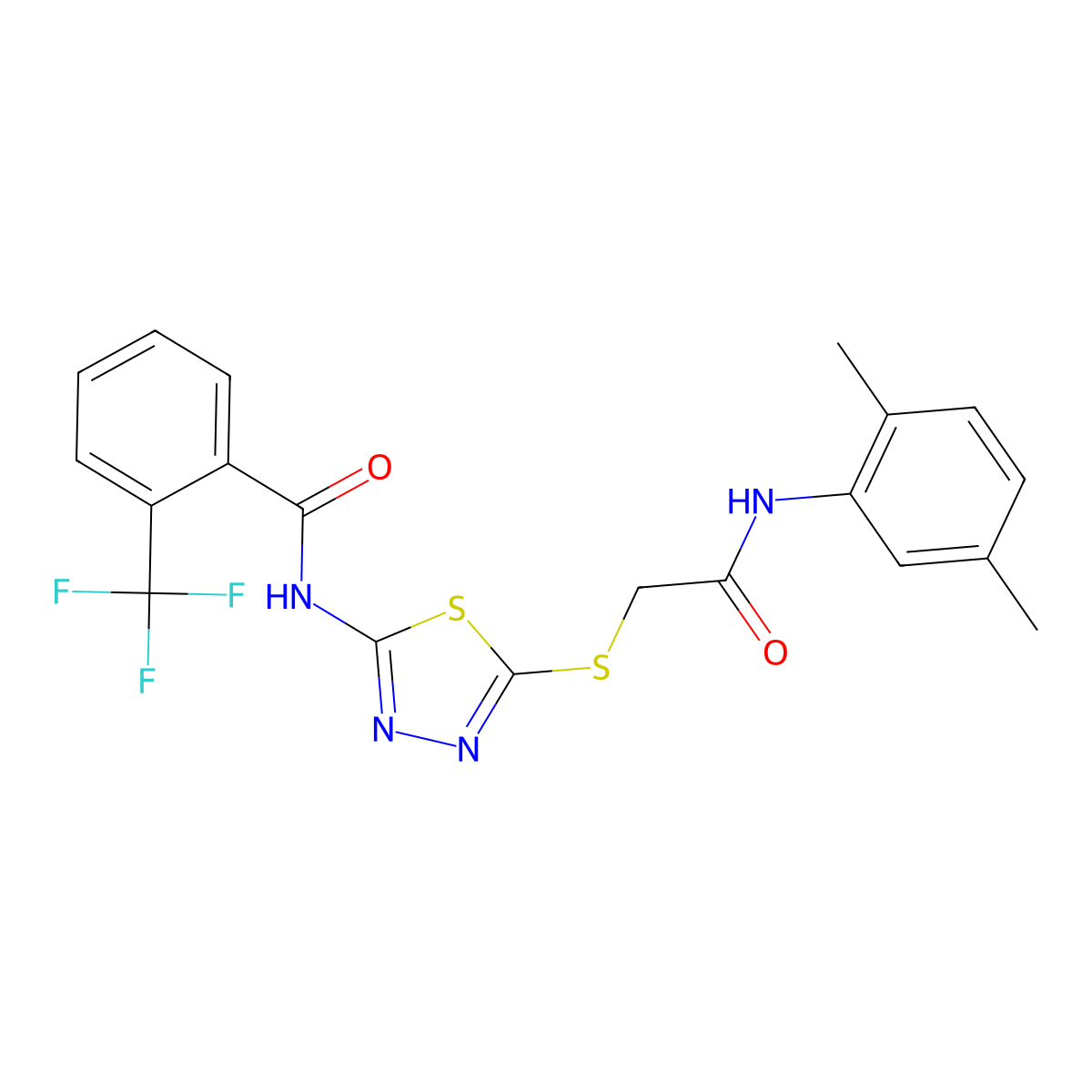 N-(5-((2-((2,5-dimethylphenyl)amino)-2-oxoethyl)thio)-1,3,4-thiadiazol-2-yl)-2-(trifluoromethyl)benzamide molecular structure, CAS 391869-21-9