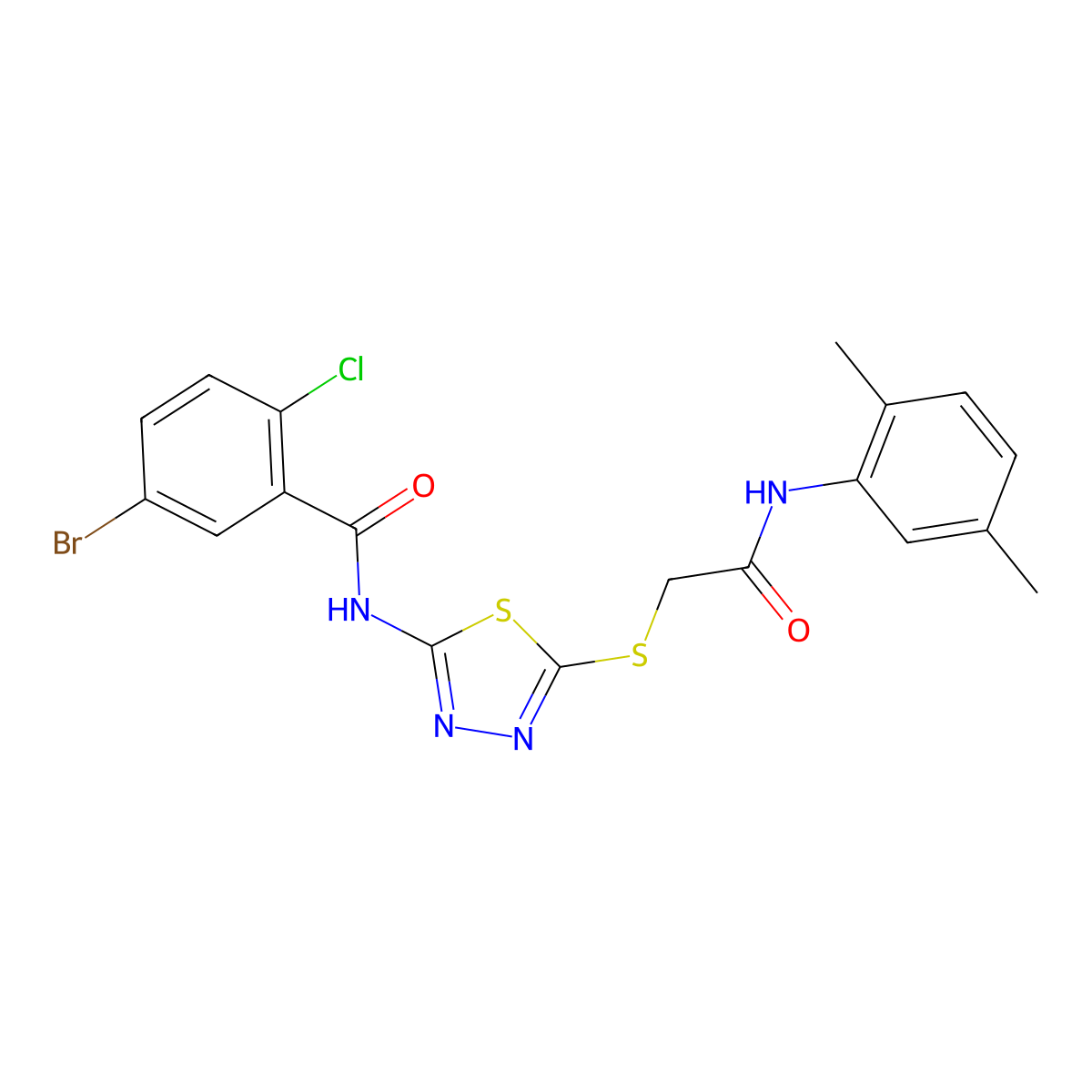 5-bromo-2-chloro-N-(5-((2-((2,5-dimethylphenyl)amino)-2-oxoethyl)thio)-1,3,4-thiadiazol-2-yl)benzamide molecular structure, CAS 391869-22-0