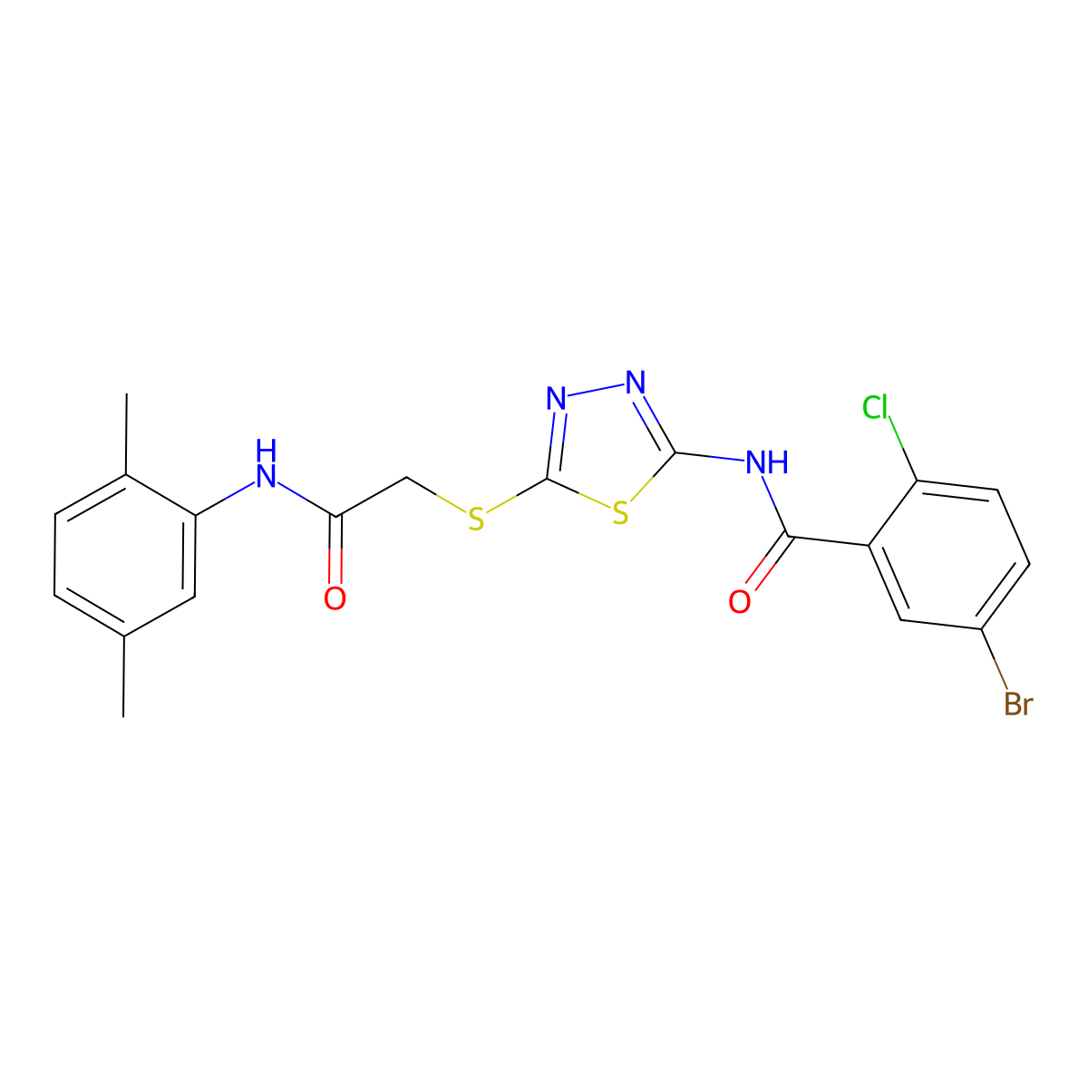 5-bromo-2-chloro-N-(5-((2-((2,5-dimethylphenyl)amino)-2-oxoethyl)thio)-1,3,4-thiadiazol-2-yl)benzamide molecular structure, CAS 391869-22-0