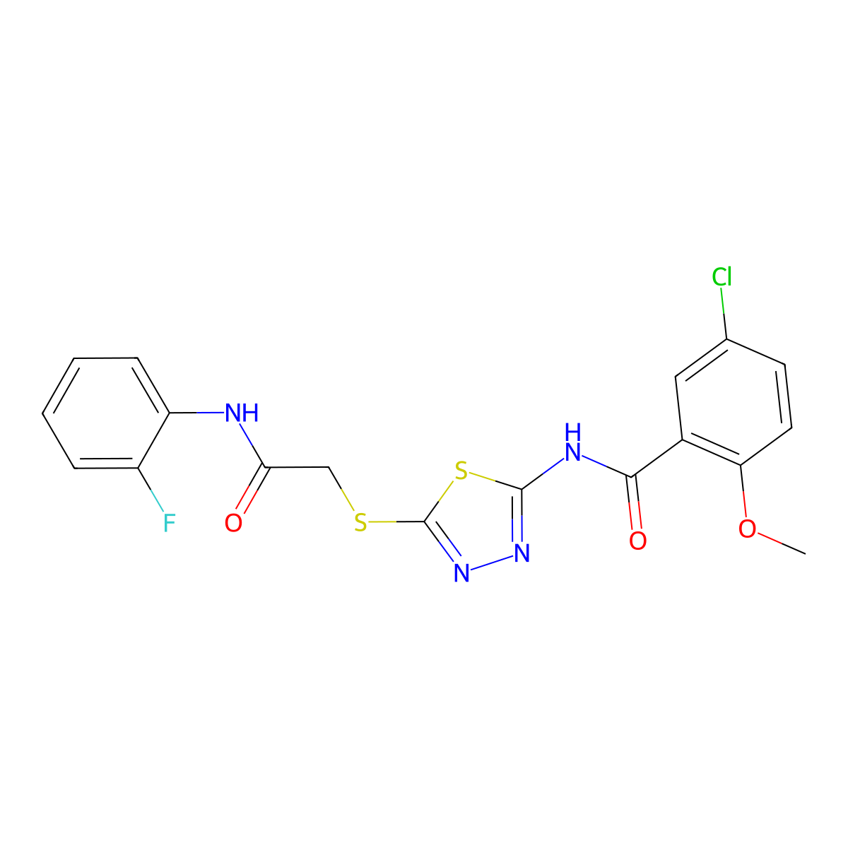 5-chloro-N-(5-((2-((2-fluorophenyl)amino)-2-oxoethyl)thio)-1,3,4-thiadiazol-2-yl)-2-methoxybenzamide molecular structure, CAS 391869-24-2
