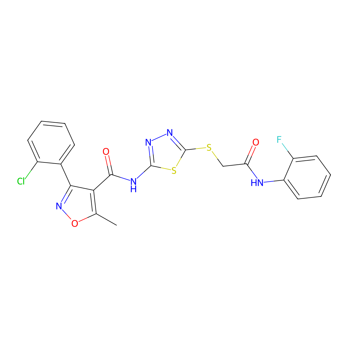 3-(2-chlorophenyl)-N-(5-((2-((2-fluorophenyl)amino)-2-oxoethyl)thio)-1,3,4-thiadiazol-2-yl)-5-methylisoxazole-4-carboxamide molecular structure, CAS 391869-26-4