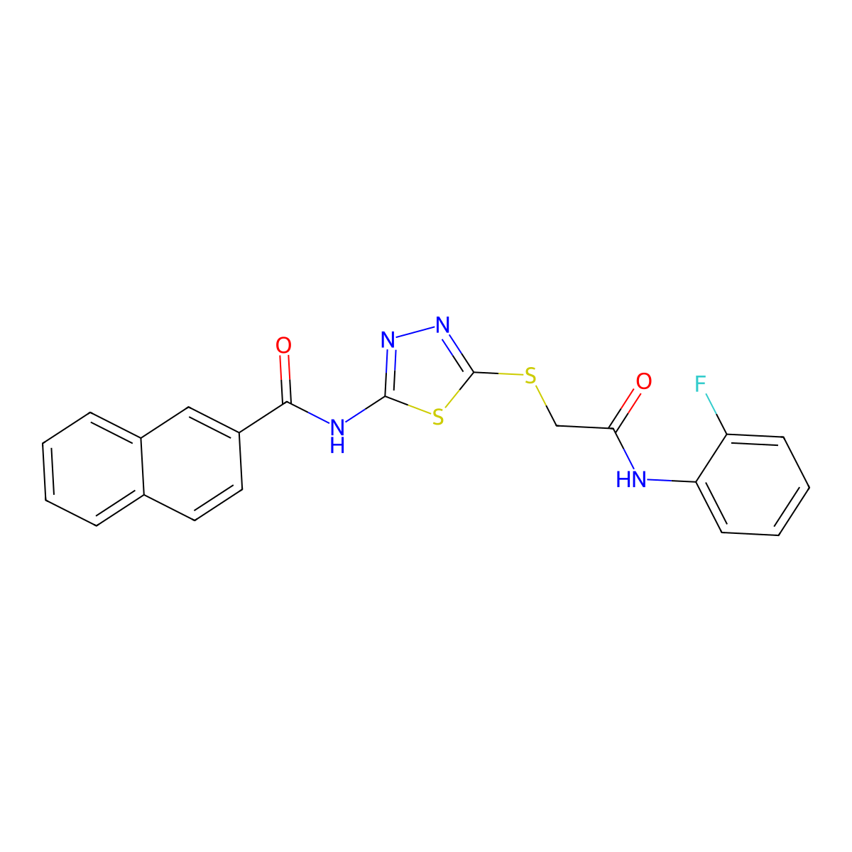N-(5-((2-((2-fluorophenyl)amino)-2-oxoethyl)thio)-1,3,4-thiadiazol-2-yl)-2-naphthamide molecular structure, CAS 391869-27-5