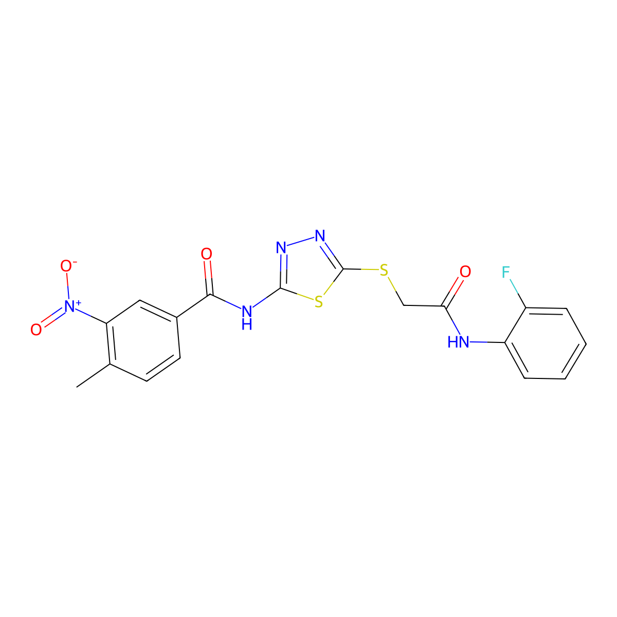 N-(5-((2-((2-fluorophenyl)amino)-2-oxoethyl)thio)-1,3,4-thiadiazol-2-yl)-4-methyl-3-nitrobenzamide molecular structure, CAS 391869-30-0