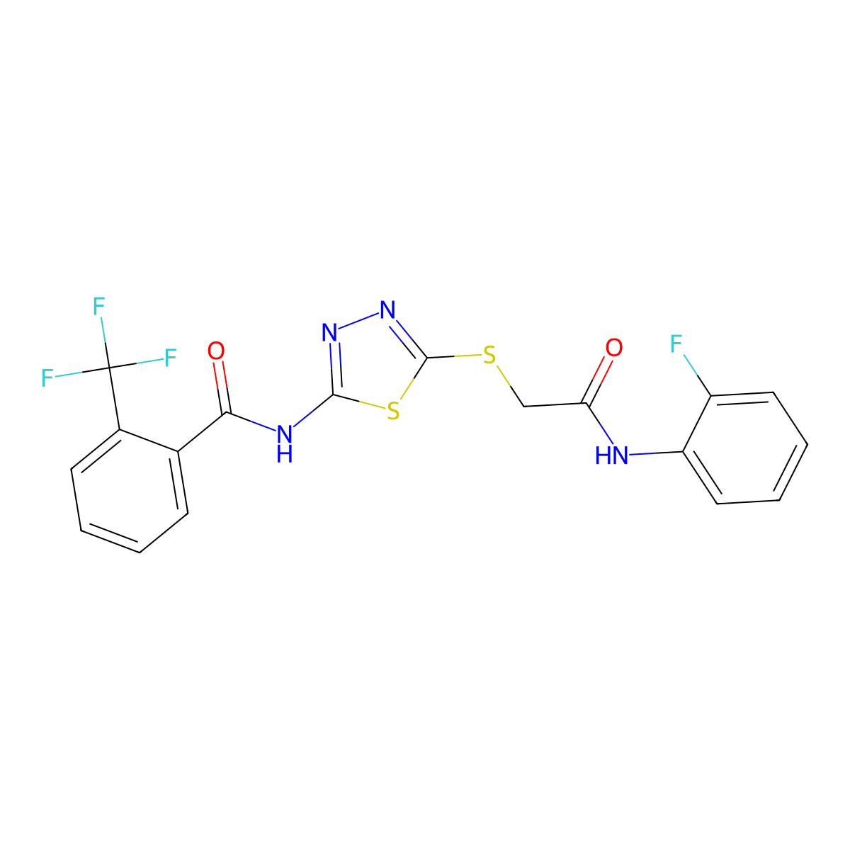 N-(5-((2-((2-fluorophenyl)amino)-2-oxoethyl)thio)-1,3,4-thiadiazol-2-yl)-2-(trifluoromethyl)benzamide molecular structure, CAS 391869-31-1