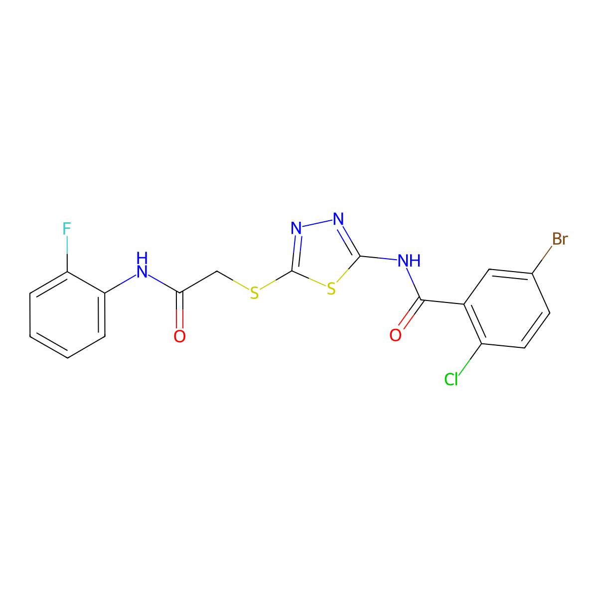 5-bromo-2-chloro-N-(5-((2-((2-fluorophenyl)amino)-2-oxoethyl)thio)-1,3,4-thiadiazol-2-yl)benzamide molecular structure, CAS 391869-32-2
