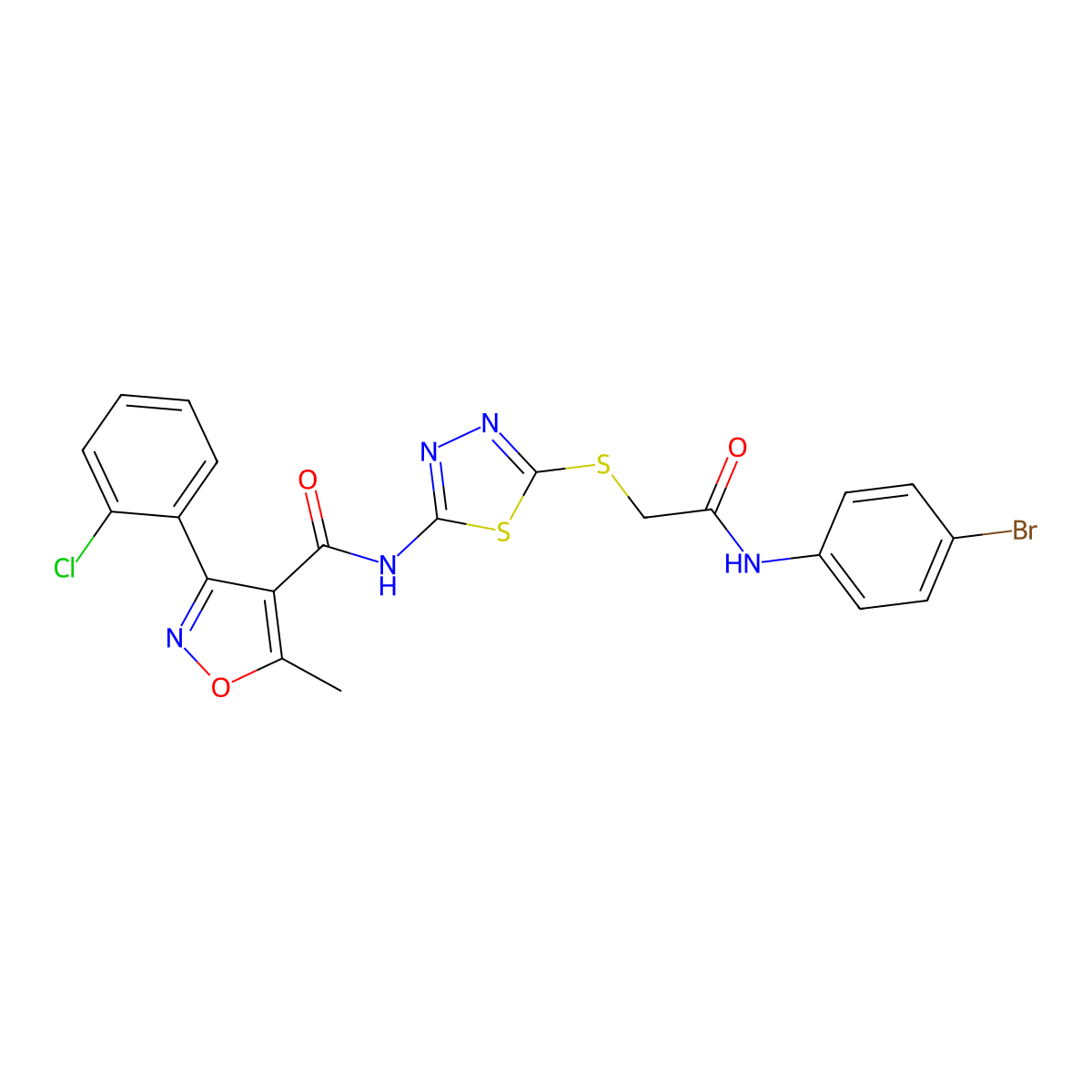 N-(5-((2-((4-bromophenyl)amino)-2-oxoethyl)thio)-1,3,4-thiadiazol-2-yl)-3-(2-chlorophenyl)-5-methylisoxazole-4-carboxamide molecular structure, CAS 391869-36-6