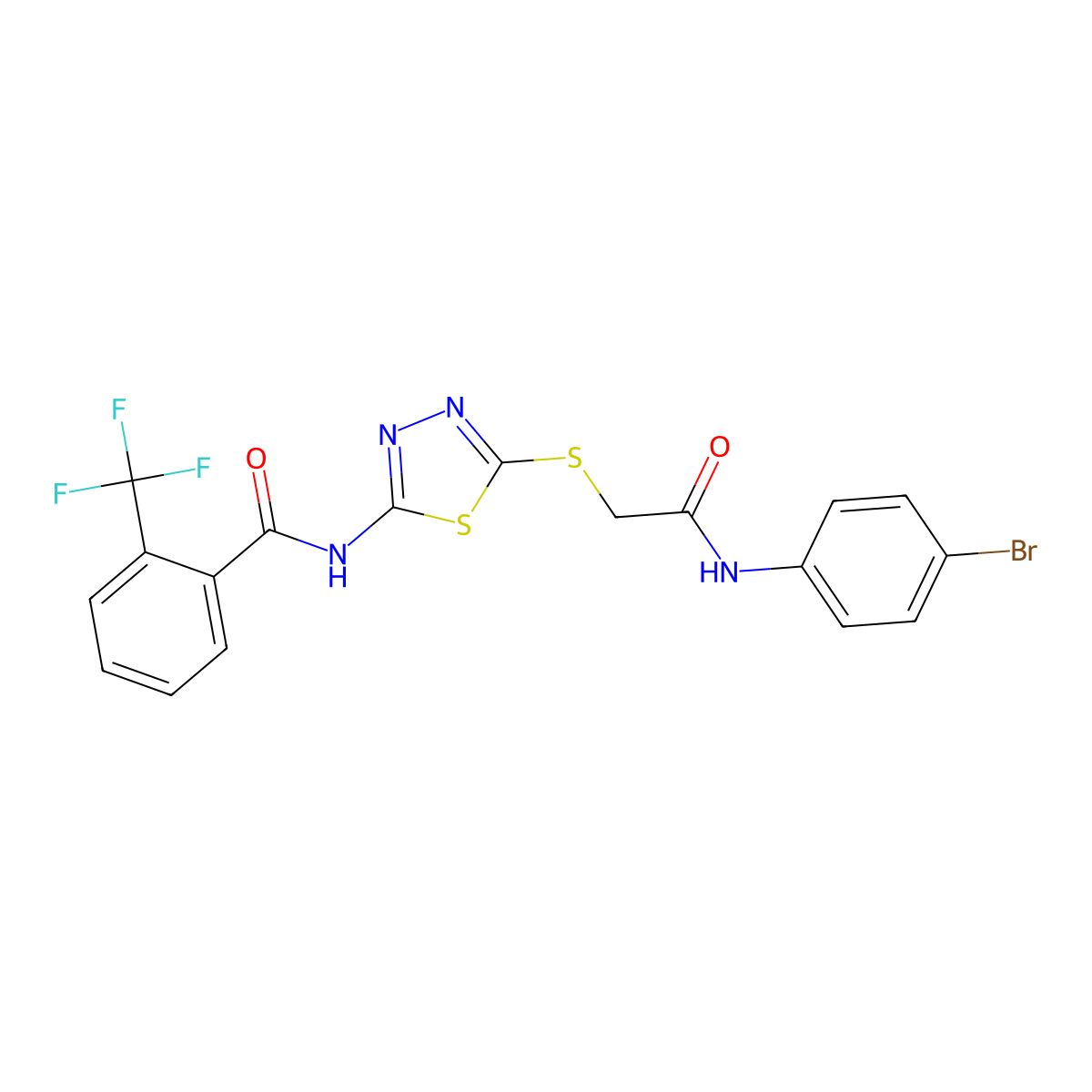 N-(5-((2-((4-bromophenyl)amino)-2-oxoethyl)thio)-1,3,4-thiadiazol-2-yl)-2-(trifluoromethyl)benzamide molecular structure, CAS 391869-41-3