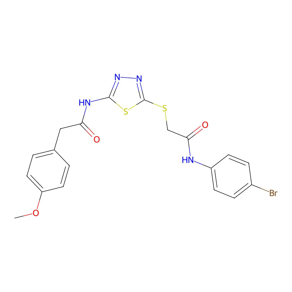 N-(4-bromophenyl)-2-((5-(2-(4-methoxyphenyl)acetamido)-1,3,4-thiadiazol-2-yl)thio)acetamide molecular structure, CAS 391869-44-6
