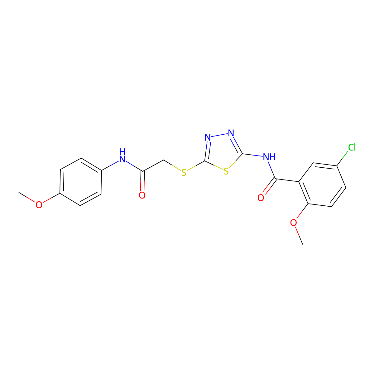 5-chloro-2-methoxy-N-(5-((2-((4-methoxyphenyl)amino)-2-oxoethyl)thio)-1,3,4-thiadiazol-2-yl)benzamide molecular structure, CAS 391869-46-8