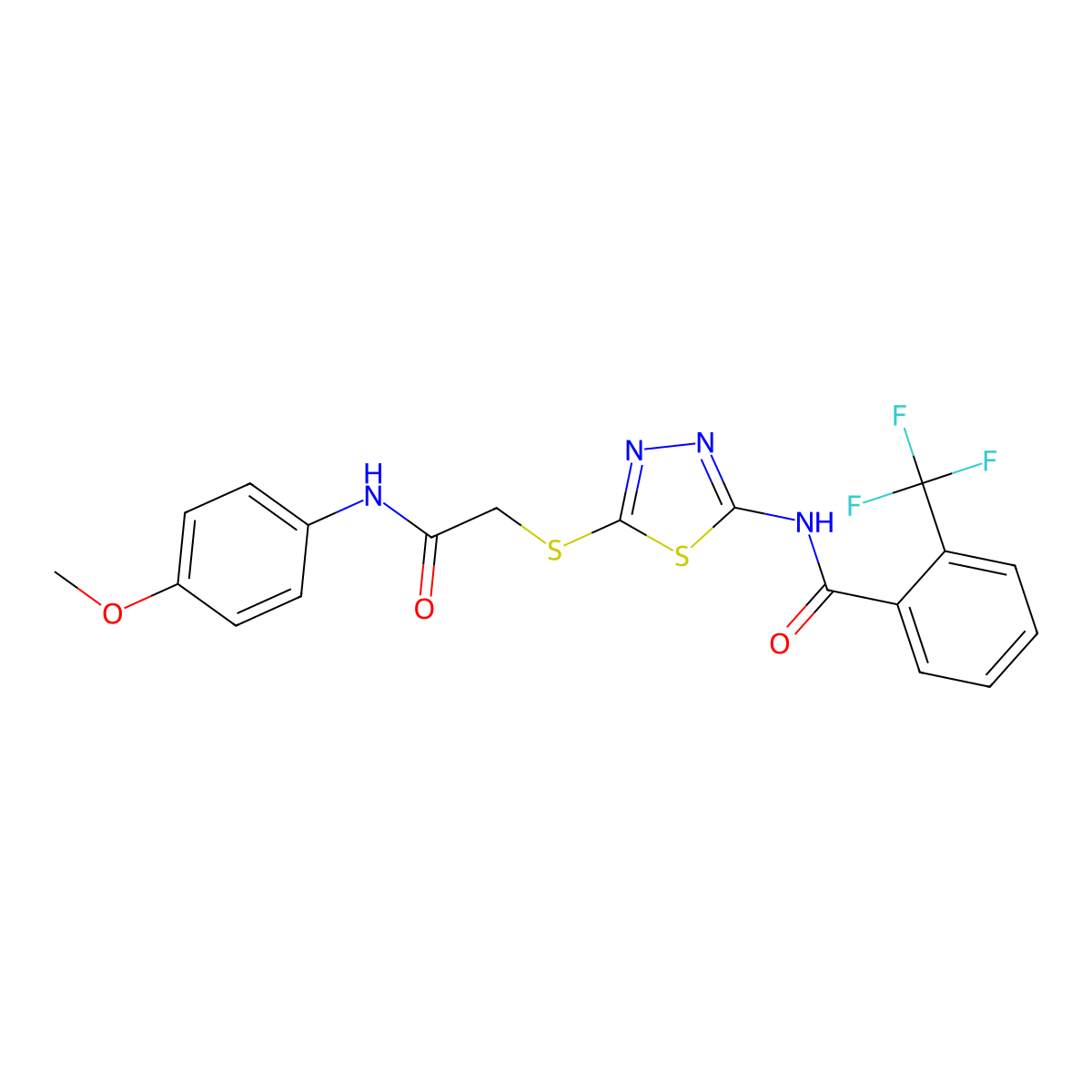N-(5-((2-((4-methoxyphenyl)amino)-2-oxoethyl)thio)-1,3,4-thiadiazol-2-yl)-2-(trifluoromethyl)benzamide molecular structure, CAS 391869-53-7