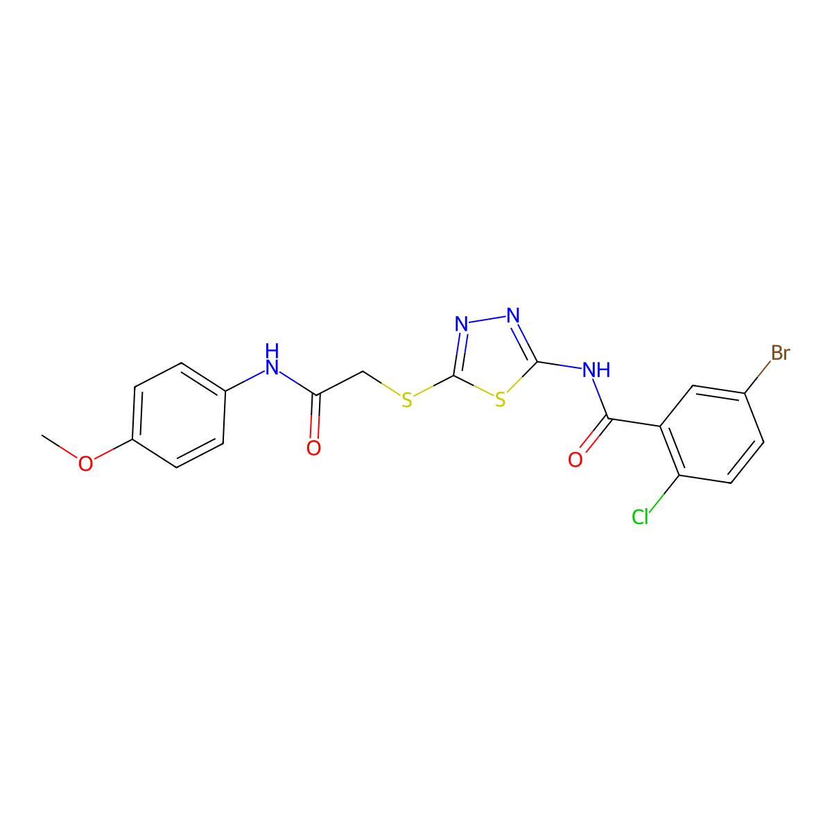 5-bromo-2-chloro-N-(5-((2-((4-methoxyphenyl)amino)-2-oxoethyl)thio)-1,3,4-thiadiazol-2-yl)benzamide molecular structure, CAS 391869-54-8