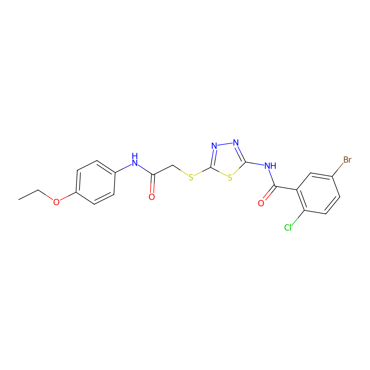 5-bromo-2-chloro-N-(5-((2-((4-ethoxyphenyl)amino)-2-oxoethyl)thio)-1,3,4-thiadiazol-2-yl)benzamide molecular structure, CAS 391869-61-7