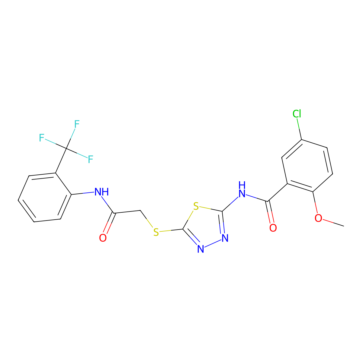 5-chloro-2-methoxy-N-(5-((2-oxo-2-((2-(trifluoromethyl)phenyl)amino)ethyl)thio)-1,3,4-thiadiazol-2-yl)benzamide molecular structure, CAS 391869-64-0