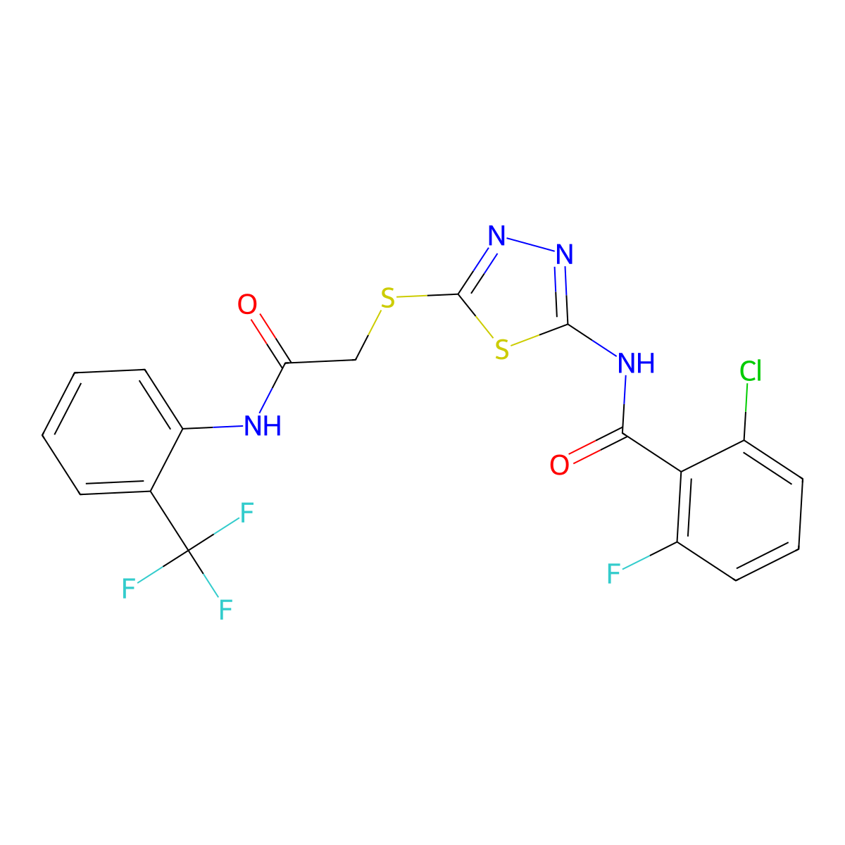 2-chloro-6-fluoro-N-(5-((2-oxo-2-((2-(trifluoromethyl)phenyl)amino)ethyl)thio)-1,3,4-thiadiazol-2-yl)benzamide molecular structure, CAS 391869-65-1