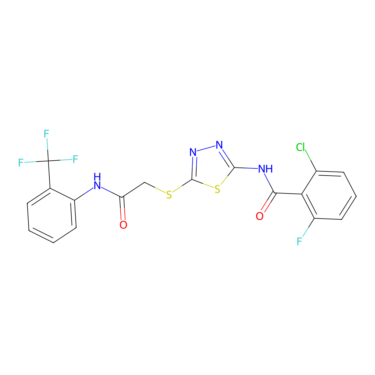2-chloro-6-fluoro-N-(5-((2-oxo-2-((2-(trifluoromethyl)phenyl)amino)ethyl)thio)-1,3,4-thiadiazol-2-yl)benzamide molecular structure, CAS 391869-65-1