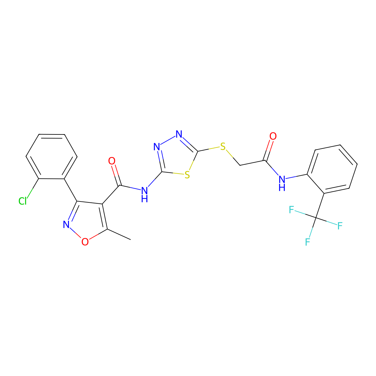 3-(2-chlorophenyl)-5-methyl-N-(5-((2-oxo-2-((2-(trifluoromethyl)phenyl)amino)ethyl)thio)-1,3,4-thiadiazol-2-yl)isoxazole-4-carboxamide molecular structure, CAS 391869-66-2