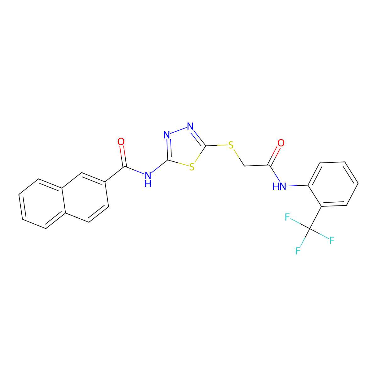 N-(5-((2-oxo-2-((2-(trifluoromethyl)phenyl)amino)ethyl)thio)-1,3,4-thiadiazol-2-yl)-2-naphthamide molecular structure, CAS 391869-67-3