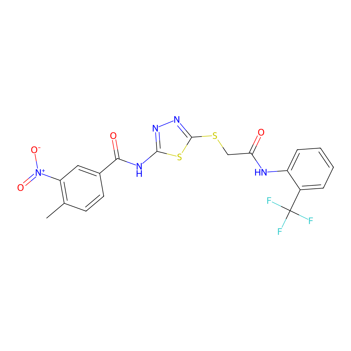 4-methyl-3-nitro-N-(5-((2-oxo-2-((2-(trifluoromethyl)phenyl)amino)ethyl)thio)-1,3,4-thiadiazol-2-yl)benzamide molecular structure, CAS 391869-70-8