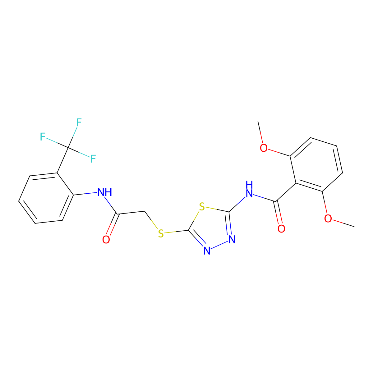 2,6-dimethoxy-N-(5-((2-oxo-2-((2-(trifluoromethyl)phenyl)amino)ethyl)thio)-1,3,4-thiadiazol-2-yl)benzamide molecular structure, CAS 391869-72-0